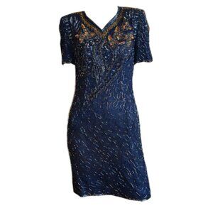 VTG Navy Blue Gold Silk Beaded Short Sleeve V Neck Formal Midi Dress